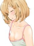  :o alternate_costume bangs bare_shoulders blonde_hair blush breasts camisole casual closed_eyes collarbone eyebrows_visible_through_hair fang from_side girls_und_panzer itou_ayachi katyusha nipple_slip nipples parted_lips short_hair sideways_mouth simple_background sleeveless small_breasts solo sweat upper_body white_background 