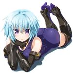  &gt;:) ass bangs bare_shoulders black_gloves black_legwear blue_hair blush chromatic_aberration closed_mouth collar dd_(ijigendd) elbow_gloves eyebrows_visible_through_hair frame_arms_girl full_body gloves hair_between_eyes highres hresvelgr legs_up looking_at_viewer lying mecha_musume on_stomach one-piece_swimsuit purple_eyes purple_swimsuit school_swimsuit short_hair simple_background smug solo swimsuit tareme thighhighs v-shaped_eyebrows white_background 