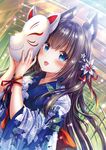  :d animal_ears arm_ribbon bangs blue_eyes blue_kimono blush bow braid brown_hair dutch_angle eyebrows_visible_through_hair floral_print flower fox_ears fox_mask hair_between_eyes hair_flower hair_ornament hair_ribbon highres holding holding_mask japanese_clothes kimono long_hair long_sleeves looking_at_viewer mask multiple_torii open_mouth original print_kimono red_bow red_ribbon ribbon sakura_moyon smile solo torii very_long_hair white_flower wide_sleeves 