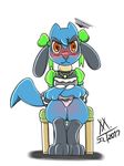  angry blush body_blush camel_toe clothed clothing dress female jewelry meatboom necklace nintendo panties panty_flash pok&eacute;mon pok&eacute;mon_(species) pulling_skirt riolu sitting skirt small_bows solo stool sweat underwear video_games young 
