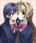  bangs blazer blue_hair blush brown_eyes cheek-to-cheek commentary_request grey_hair hair_between_eyes heart jacket long_hair looking_at_another love_live! love_live!_school_idol_project minami_kotori multiple_girls nochita_shin one_eye_closed one_side_up otonokizaka_school_uniform red_neckwear school_uniform simple_background smile sonoda_umi striped striped_neckwear yuri 