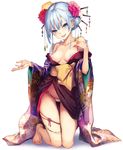 areola_slip areolae bare_shoulders barefoot blue_eyes blue_hair breasts fingernails flower full_body hair_bun hair_flower hair_ornament hair_stick japanese_clothes kimono kneeling looking_at_viewer medium_breasts michiking nail_polish obi off_shoulder original panties parted_lips red_nails sash side_bun smile solo string_panties transparent_background underwear white_panties 