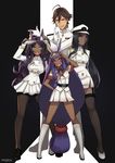  3girls :d absurdly_long_hair animal_ears aqua_eyes arms_behind_back bangs belt black_hair black_legwear blue_eyes blunt_bangs breasts brown_hair commentary dark_skin double-breasted earrings epaulettes fate/grand_order fate/prototype fate/prototype:_fragments_of_blue_and_silver fate_(series) garter_straps gloves grin hairband hand_on_hip hat highres horns jackal_ears jewelry kyou_(ningiou) large_breasts legs loafers long_hair looking_at_viewer low-tied_long_hair medium_breasts military military_hat military_uniform miniskirt multiple_girls nitocris_(fate/grand_order) open_mouth ozymandias_(fate) pantyhose pleated_skirt purple_eyes purple_hair queen_of_sheba_(fate/grand_order) salute scheherazade_(fate/grand_order) shoes skirt smile teeth thighhighs tsuki_ni_kawatte_oshioki_yo uniform very_long_hair white_gloves yellow_eyes zettai_ryouiki 