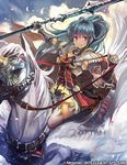  armor bangs blue_eyes blue_hair boots braid breasts cleavage collarbone commentary company_connection copyright_name detached_collar dress feathers fire_emblem fire_emblem:_seima_no_kouseki fire_emblem_cipher gauntlets holding holding_weapon horseback_riding long_hair looking_at_viewer looking_to_the_side medium_breasts nij_24 official_art pegasus polearm riding short_dress shoulder_armor tana thigh_boots thighhighs weapon wings zettai_ryouiki 