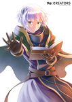  absurdres bad_hand blue_eyes book brown_gloves cape commentary copyright_name gloves green_cape hair_ornament highres kanoukawa_hiro looking_at_viewer meteora_osterreich open_book re:creators short_hair solo standing white_hair 