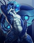  abs anthro aquatic_dragon balls big_penis blue_eyes blue_scales deep_blue dragon erection fin graelthrimm hand_behind_head horn invalid_tag leaking looking_at_viewer male markings muscular muscular_male penis precum presenting ribbed_penis scales solo spread_legs spreading stripes tongue tongue_out 