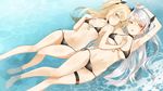  admiral_hipper_(azur_lane) arm_up armpits azur_lane bare_shoulders barefoot bikini black_bikini blonde_hair breasts brown_eyes choker cleavage closed_mouth day green_eyes highres long_hair looking_at_viewer lying medium_breasts multicolored_hair multiple_girls on_back outdoors parted_lips partially_submerged prinz_eugen_(azur_lane) side-tie_bikini silver_hair small_breasts streaked_hair string_bikini swimsuit thigh_strap throtem two_side_up 