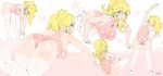  armpits arms_up ass blonde_hair closed_eyes crown exercise highres leotard long_hair mario_(series) open_mouth pink_crown pink_leotard ponytail princess_peach shoes sitting stretch super_mario_bros. sweat thighhighs 