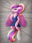  2017 clothing cutie_mark dock equine feathered_wings feathers female friendship_is_magic hair horn krrrokozjabrra looking_at_viewer lying mammal multicolored_hair my_little_pony open_mouth princess_cadance_(mlp) pussy pussy_juice solo winged_unicorn wings 