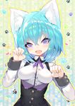  :d animal_ear_fluff animal_ears bangs black_vest blue_hair blue_nails blush breasts cat_ears chromatic_aberration collared_shirt eyebrows_visible_through_hair fang fingernails hair_between_eyes head_tilt heart highres long_sleeves looking_at_viewer mamuru medium_breasts nail_polish neck_ribbon open_mouth original paw_background paw_pose purple_eyes purple_neckwear ribbon shirt smile solo thick_eyebrows upper_body vest white_shirt 