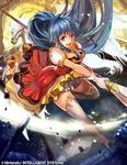  armor bangs blue_eyes blue_hair boots braid breasts collarbone commentary company_connection copyright_name dress fire_emblem fire_emblem:_seima_no_kouseki fire_emblem_cipher gloves holding holding_weapon leg_up long_hair looking_at_viewer medium_breasts nij_24 official_art open_mouth pegasus polearm short_dress shoulder_armor shoulder_pads smile spear tana thigh_boots thighhighs weapon white_gloves wings zettai_ryouiki 