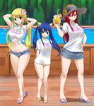  arms_behind_back bikini black_eyes blonde_hair blue_hair blue_ribbon blush breasts brown_eyes brown_hat day denim denim_shorts denim_skirt erza_scarlet fairy_tail floating_hair flower grey_shorts grey_skirt hair_between_eyes hair_flower hair_ornament hair_ribbon hand_on_hip hat hat_flower hat_ribbon hibiscus highres large_breasts long_hair looking_at_viewer lucy_heartfilia micro_shorts midriff miniskirt multiple_girls nail_polish navel outdoors parted_lips pink_bikini_bottom pink_flower pink_nails pink_ribbon planeptune red_hair ribbon shiny shiny_skin shirt short_sleeves shorts side-tie_bikini skirt smile standing stomach straw_hat sun_hat sunflower swimsuit tied_shirt twintails wendy_marvell white_shirt yellow_bikini_bottom yellow_flower 