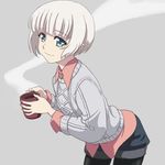  black_legwear blue_eyes casual coffee commentary_request cup grey_background highres leaning_forward light_smile looking_at_viewer meteora_osterreich mug pantyhose re:creators shirt short_hair shorts sketch solo standing sweater untucked_shirt white_hair yazwo 