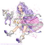  1girl 2017 :d absurdres bow braid commission crown_braid full_body hair_bow hanbok highres korean_clothes long_sleeves open_mouth original purple_eyes purple_hair see-through smile solo staff tikeworld traditional_clothes watermark web_address white_bow white_footwear 