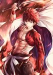  abs arm_up cape closed_mouth collarbone cowboy_shot emiya_shirou fate/grand_order fate/stay_night fate_(series) fire frown glint highres holding holding_sword holding_weapon igote katana limited/zero_over male_focus muscle navel orange_hair red_ribbon ribbon sash shinkami_hiroki shirtless solo sparks sword weapon white_ribbon yellow_eyes 