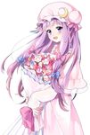  :d bangs blue_ribbon blush bouquet crescent crescent_moon_pin dress eyebrows_visible_through_hair fingernails flower hair_ribbon hat highres holding holding_bouquet long_hair long_sleeves looking_at_viewer mob_cap open_mouth patchouli_knowledge pink_dress pink_hat purple_eyes purple_hair red_ribbon ribbon simple_background smile solo standing touhou tress_ribbon vanilla_(miotanntann) white_background 