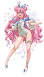  :d absurdres blue_eyes bow dated double_bun fairy_wings full_body hair_bow heart heart_eyes highres leotard long_hair looking_at_viewer open_mouth pink_hair polka_dot ribbon smile standing thigh_strap tikeworld transparent_wings very_long_hair white_footwear wide_sleeves wings 