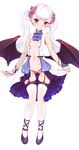  bat_wings betoko blush breasts covered_nipples demon_girl demon_tail dress full_body garter_straps harigane_shinshi highres horns long_hair nipples no_panties original pointy_ears red_eyes see-through simple_background small_breasts smile solo standing succubus tail thighhighs twintails uncensored wings wrist_cuffs 