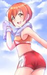  :d cloud cloudy_sky day hoshizora_rin kanabun light_blush looking_at_viewer looking_back love_live! love_live!_school_idol_project midriff open_mouth orange_eyes orange_hair short_hair short_shorts shorts sky smile solo sports_bra sweatband towel towel_around_neck wristband 