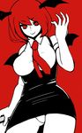  &gt;:) alternate_hair_length alternate_hairstyle arm_up bat_wings black_dress book breasts burikarun commentary_request contrapposto cowboy_shot dress head_wings highres holding holding_book koakuma large_breasts limited_palette looking_at_viewer necktie panties pantyshot red_background red_eyes red_hair red_neckwear short_hair short_sleeves simple_background smile solo standing touhou underbust underwear v-shaped_eyebrows white_panties wings 