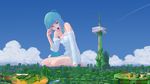  aqua_eyes aqua_hair building city cloud day giantess guitar guitar_(guitars) hatsune_miku highres instrument long_hair off_shoulder one_eye_closed open_mouth overgrown pajamas rubbing_eyes seiza sitting sky sleepy solo very_long_hair vocaloid waking_up yawning 