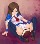  1girl arm_support ascot blue_eyes brown_hair capelet castlevania castlevania:_portrait_of_ruin charlotte_aulin female long_hair lying panties skirt smile solo stupa13a thighhighs underwear 