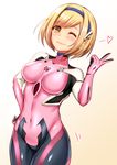  ;) bangs beige_background black_bodysuit blonde_hair blue_hairband blush bodysuit breasts breasts_apart closed_mouth cosplay covered_navel djeeta_(granblue_fantasy) eburi_a eyebrows_visible_through_hair gloves gradient gradient_background granblue_fantasy hairband hand_on_hip hand_up heart impossible_bodysuit impossible_clothes legs_together light_smile looking_at_viewer makinami_mari_illustrious makinami_mari_illustrious_(cosplay) medium_breasts motion_lines multicolored multicolored_bodysuit multicolored_clothes neon_genesis_evangelion number one_eye_closed pilot_suit pink_bodysuit plugsuit rebuild_of_evangelion shiny shiny_clothes shiny_hair short_hair skin_tight smile solo spoken_heart standing turtleneck v white_background yellow_eyes 