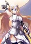  arm_up armor armored_dress banner black_gloves black_legwear blonde_hair blue_eyes cowboy_shot dress elbow_gloves eyebrows_visible_through_hair fate/apocrypha fate_(series) floating_hair fur_trim gauntlets gloves holding holding_weapon jeanne_d'arc_(fate) jeanne_d'arc_(fate)_(all) long_hair nina_(pastime) sheath sheathed sleeveless sleeveless_dress smile solo standing sword thighhighs very_long_hair weapon white_dress 