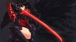  armor black_hair boots drill_(emilio) fighting_stance gauntlets highres katana long_hair mature miniskirt negative_space ootachi raven_branwen red_eyes rwby skirt sword thigh_boots thighhighs weapon 
