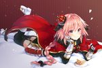  arm_support astolfo_(fate) black_bow bow braid cheesecake crown eating fate/apocrypha fate/grand_order fate_(series) food fruit gauntlets gomano_rio hair_intakes hand_on_own_cheek heart long_braid long_hair lying male_focus multicolored_hair on_stomach otoko_no_ko pink_hair single_braid solo sparkle strawberry streaked_hair 