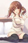  :d bangs black_legwear blurry blurry_background breasts brown_eyes commentary_request eyebrows_visible_through_hair hair_between_eyes hair_ribbon heart highres idolmaster idolmaster_cinderella_girls large_breasts looking_at_viewer mikagami_mamizu no_shoes off-shoulder_sweater open_mouth panties pantyshot pantyshot_(sitting) pink_panties red_hair ribbed_sweater ribbon shirt sitting smile solo sweater totoki_airi twintails underwear white_shirt yellow_ribbon 