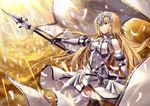  armor armored_dress bangs banner bare_shoulders black_gloves black_legwear blonde_hair blue_eyes breasts chain closed_mouth cloud cloudy_sky commentary_request dress elbow_gloves eyebrows_visible_through_hair fate/apocrypha fate_(series) faulds floating_hair fur-trimmed_gloves fur-trimmed_legwear fur_trim gabiran gauntlets gloves glowing glowing_feather hair_between_eyes halterneck headpiece holding holding_spear holding_weapon jeanne_d'arc_(fate) jeanne_d'arc_(fate)_(all) light_rays long_hair looking_away medium_breasts plackart polearm scabbard sheath sheathed shiny shiny_hair sky smile solo spear standard_bearer standing sunlight tassel thighhighs very_long_hair weapon white_dress white_feathers wind wind_lift 
