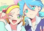  1boy 2girls biburi_(precure) blonde_hair blue_eyes blue_hair brother_and_sister close-up green_eyes green_hair kirahoshi_ciel kirakira_precure_a_la_mode kumo_suzume kuroki_rio long_hair maid multiple_girls open_mouth pikario_(precure) ponytail precure siblings simple_background spoilers sweatdrop twintails v yellow_background 