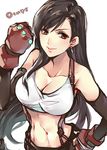  breasts brown_hair cleavage commentary_request elbow_gloves final_fantasy final_fantasy_vii gloves large_breasts lips long_hair low-tied_long_hair midriff simple_background skirt solo suspender_skirt suspenders tama_(tmfy5) tank_top tifa_lockhart upper_body 