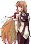  1girl artist_name blue_eyes breasts dated elhaym_van_houten gloves long_hair looking_to_the_side orange_hair oyasu_(kinakoyamamori) pantyhose simple_background skirt solo uniform very_long_hair white_background xenogears 