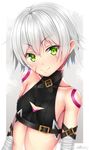  bandaged_arm bandages bare_shoulders blush breasts eyebrows_visible_through_hair facial_scar fate/apocrypha fate_(series) green_eyes jack_the_ripper_(fate/apocrypha) puririn scar scar_across_eye scar_on_cheek short_hair small_breasts solo tattoo upper_body white_hair 
