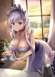  apron azur_lane bangs belfast_(azur_lane) blue_eyes blush braid breasts cleavage closed_mouth commentary_request cup curtains day evening figurehead_(figurehead67) frilled_apron frills half_updo indoors large_breasts leaning_forward long_hair looking_at_viewer maid maid_headdress ocean plant potted_plant saucer shiny shiny_hair silver_hair smile solo teacup teapot waist_apron window 