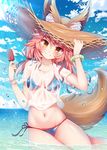 animal_ears bikini blue_bikini breasts cleavage collarbone commentary_request day ears_through_headwear fate/grand_order fate_(series) food fox_ears fox_tail groin hat highres ice_cream large_breasts lokyin_house looking_at_viewer navel ocean outdoors pink_hair see-through shirt side-tie_bikini sitting solo straw_hat sun_hat swimsuit tail tamamo_(fate)_(all) tamamo_no_mae_(swimsuit_lancer)_(fate) wet wet_clothes wet_shirt wet_t-shirt yellow_eyes 