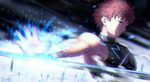  armor armpits artist_name breastplate brown_eyes electricity emiya_shirou energy fate/stay_night fate_(series) magic magicians_(zhkahogigzkh) male_focus orange_hair outstretched_arm planted_sword planted_weapon reaching ribbon serious solo sparks sword upper_body weapon white_ribbon 
