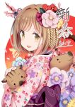  1girl 2019 :d animal bangs blue_flower blush boar brown_eyes chinese_zodiac commentary_request eyebrows_visible_through_hair fingernails floral_print flower givuchoko hair_flower hair_ornament holding holding_animal japanese_clothes kimono light_brown_hair looking_at_viewer looking_to_the_side obi open_mouth original pink_flower pink_kimono print_kimono purple_flower red_flower sash smile solo tree_branch year_of_the_pig 