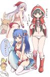  3girls :d absurdres animal asari_nanami ass bangs bikini black_eyes black_hair blue_eyes blue_hair blush boots bow breasts capelet creatures_(company) crossover double_bun elbow_gloves eve_santaclaus eyebrows_visible_through_hair facial_hair fur-trimmed_boots fur-trimmed_gloves fur-trimmed_hat fur_trim game_freak gen_1_pokemon gloves hair_bow hair_ornament hands_up hat highres hood hood_up hooded_capelet idolmaster idolmaster_cinderella_girls knee_boots kobayakawa_sae long_hair looking_at_viewer looking_back multiple_girls mustache nintendo no_shoes open_mouth p-head_producer parted_lips pikachu pizzasi pokemon pokemon_(creature) red_bikini red_bow red_capelet red_footwear red_gloves red_hat reindeer santa_bikini santa_costume santa_hat side_bun silver_hair small_breasts smile snot star star_hair_ornament swimsuit translation_request twintails very_long_hair white_background white_bikini white_legwear yellow_eyes 