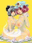  breasts ghost hairband hat huge_breasts konpaku_youmu konpaku_youmu_(ghost) miero multiple_girls nude pink_hair red_eyes saigyouji_yuyuko short_hair silver_hair soap touhou 