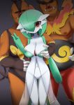 1girl 2boys areola_slip areolae bangs blush breast_grab breasts closed_mouth collarbone creatures_(company) emboar erect_nipples eyebrows_visible_through_hair faceless faceless_male fangs game_freak gardevoir gen_3_pokemon gen_5_pokemon gluteal_fold grabbing gradient gradient_background green_hair green_skin grey_background hair_over_one_eye hand_up highres large_breasts looking_at_viewer multiple_boys navel neichii nintendo nose_blush personification pignite pokemon pokemon_(creature) pussy red+eyes see-through shiny shiny_hair shiny_skin short_hair simple_background smile solo_focus standing textless thigh_gap two-tone_skin uncensored v white_skin 