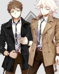  2boys ahoge alternate_costume belt black_jacket bracelet brown_belt brown_hair brown_jacket brown_legwear closed_mouth commentary_request cowboy_shot danganronpa feet_out_of_frame green_eyes hair_between_eyes half-closed_eyes hinata_hajime jacket jewelry kame4282 komaeda_nagito male_focus multiple_boys open_clothes open_eyes open_jacket open_mouth shirt short_hair simple_background sleeves_rolled_up standing super_danganronpa_2 watch white_hair white_shirt wristwatch yellow_eyes 