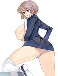  ass blue_eyes breasts brown_hair formal highres huge_breasts leg_up looking_at_viewer looking_back masao nipples open_clothes open_mouth open_shirt original panties round_teeth shirt shoes short_hair simple_background smile solo suit teeth thighhighs thighs underwear white_background white_legwear white_panties 