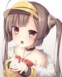 ahoge azur_lane bandeau bangs bare_shoulders bikini_top black_choker blush breasts brown_hair chiyonekoko choker collarbone cum cum_on_body cum_on_breasts cum_on_clothes cum_on_upper_body directional_arrow eyebrows_visible_through_hair facial fur-trimmed_jacket fur_trim gradient gradient_background grey_background hairpods halter_top halterneck hands_up jacket long_hair long_sleeves looking_away off_shoulder oral_invitation own_hands_together parted_lips ping_hai_(azur_lane) puffy_long_sleeves puffy_sleeves red_bikini_top red_eyes small_breasts solo tongue tongue_out twintails very_long_hair visor_cap white_background yellow_jacket 