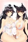  2girls :o animal_ears areolae asymmetrical_docking atago_(azur_lane) azur_lane bangs bikini black_hair bow breast_press breasts brown_eyes censored choker criss-cross_halter error_dot eyebrows_visible_through_hair flower hair_bow hair_flaps hair_flower hair_ornament hair_ribbon halterneck heart heart_censor hetero highres large_breasts long_hair looking_at_viewer mole mole_under_eye multiple_girls navel nipples one-piece_swimsuit penis ponytail pov ribbon see-through smile swept_bangs swimsuit takao_(azur_lane) very_long_hair white_bikini white_bow white_ribbon white_swimsuit 