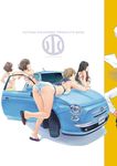  5girls artist_name ass back_cover bangs bare_shoulders bent_over bikini black_hair blue_bow blush bow breast_press breasts brown_eyes brown_hair butt_crack car carina_(xiaowoo) circle_name closed_mouth commentary_request cover cover_page dated doujin_cover fiat_nuova_500 from_side ground_vehicle halterneck highres ishikawa_purin kaikan_change kishi_mieko kneepits large_breasts leg_up light_smile long_hair looking_afar looking_at_viewer looking_back looking_to_the_side lying mayu_(kaikan_change) medium_breasts motor_vehicle multiple_girls on_stomach onna_shunin_kishi_mieko polka_dot polka_dot_bikini print_bikini profile saionji_makoto sandals shadow shoe_dangle simple_background smile striped striped_bikini swimsuit white_background white_bikini wide_shot yellow_bikini 