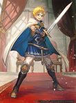  belt blonde_hair blue_eyes boots cape circlet curtains fire_emblem fire_emblem_cipher fire_emblem_musou gloves lack male_focus solo sparkle sword teeth weapon zion_(fire_emblem) 