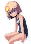  arm_support bangs blonde_hair blue_eyes blue_swimsuit closed_mouth commentary_request eyebrows_visible_through_hair fang girls_und_panzer katyusha looking_at_viewer name_tag one-piece_swimsuit school_swimsuit short_hair sitting smile solo sw swimsuit wet 